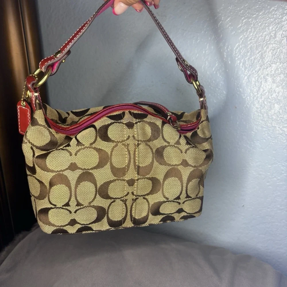 Vtg Coach Mini Pouch Signature Red Brown Flower Handbag Rare Signature Y2K